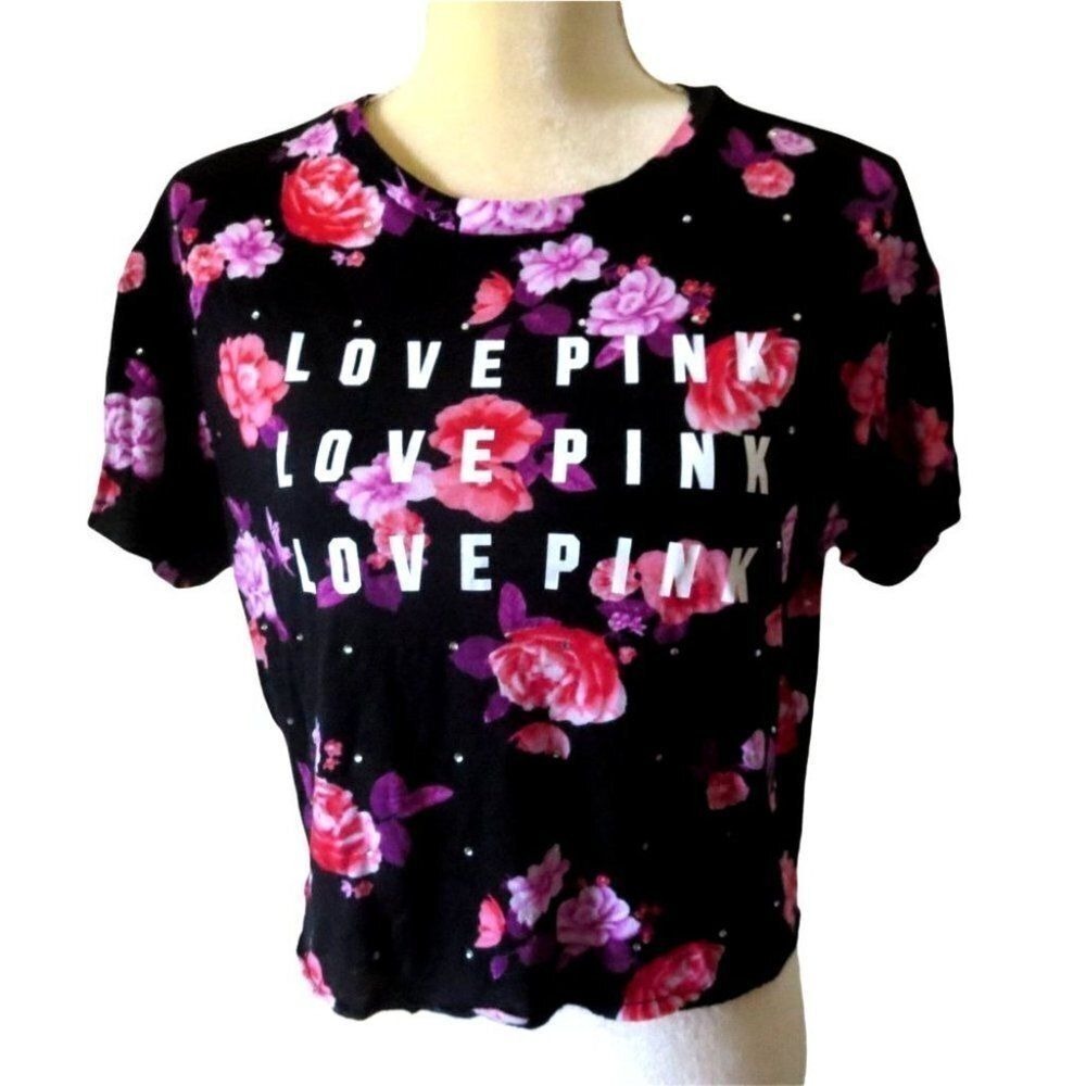VICTORIA'S SECRET Pink. Cropped Floral,‎ Bling Tee Size XS/XP